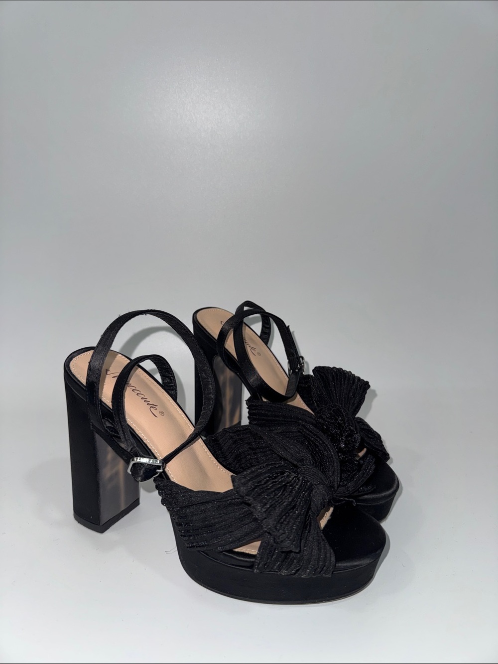 Muccute Black Bow Knotted Platform Block Heel Sandals